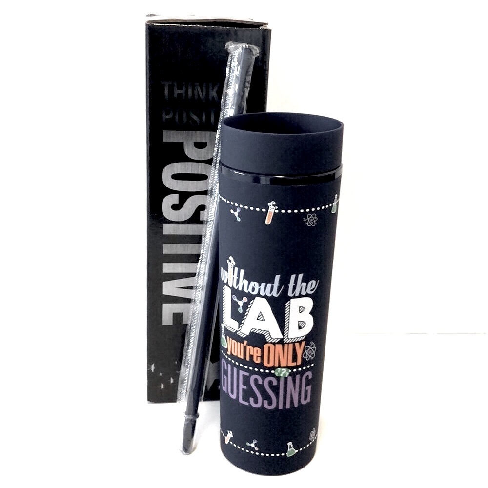 Without the Lab You’re Only Guessing dk blue water bottle with straw New in box